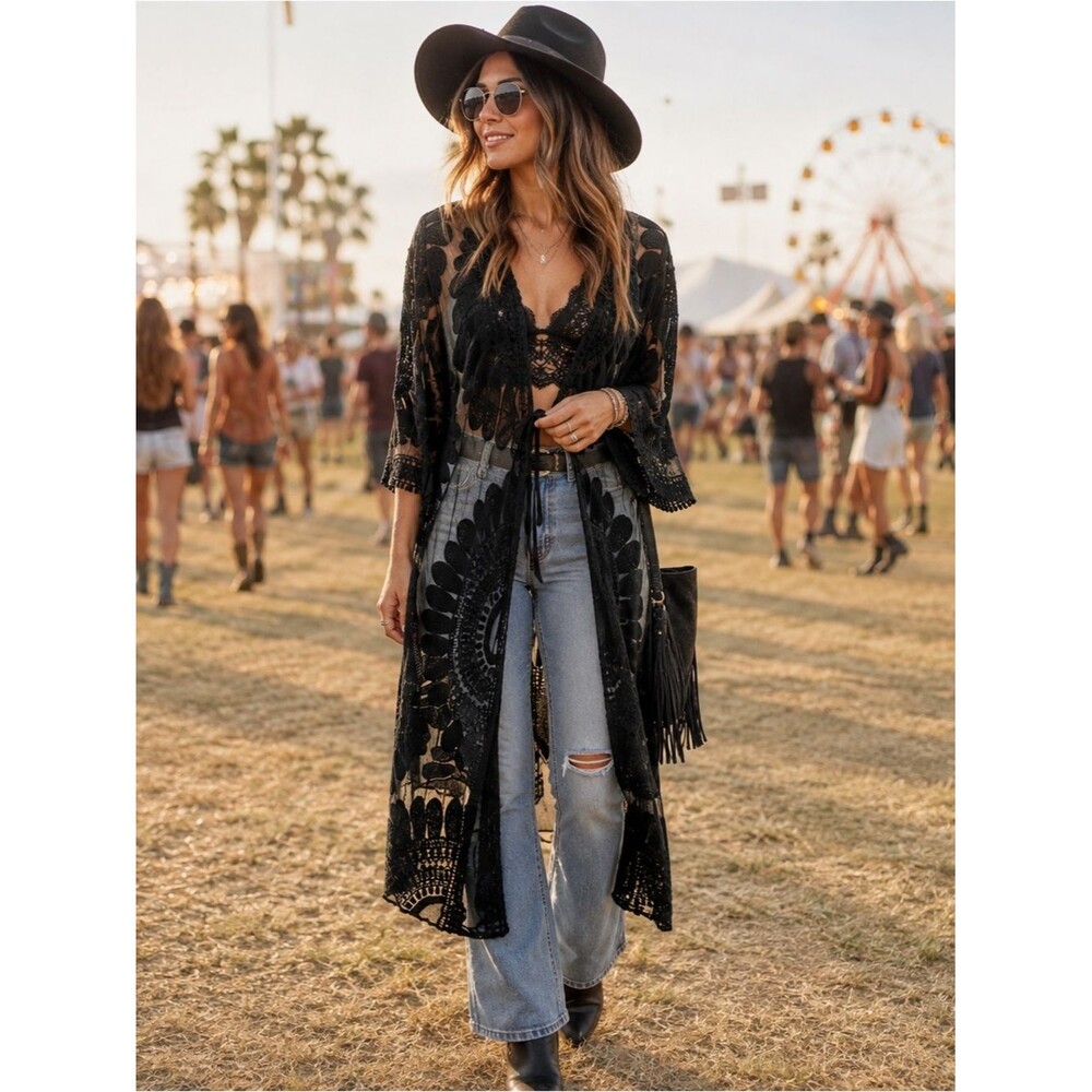 Black Lace Sheer Duster Kimono Festival Concert Boho Goth Whimsigoth Witchy